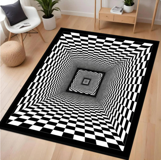 Black and white checkered rug with optical illusion design on a wooden floor.