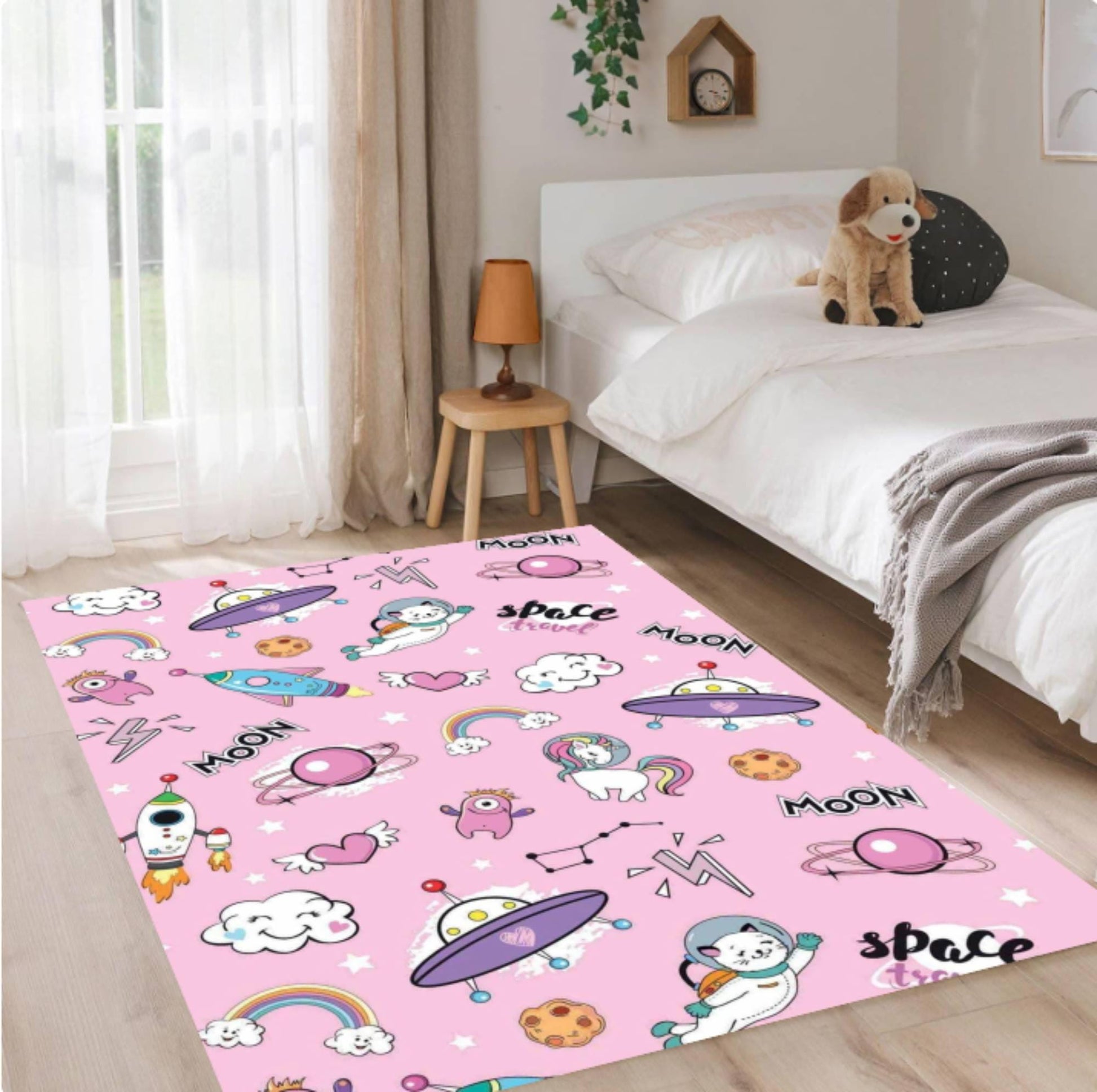 Pink Space Unicorn Kids Rug, Galaxy Nursery Decor, Washable Playroom Mat