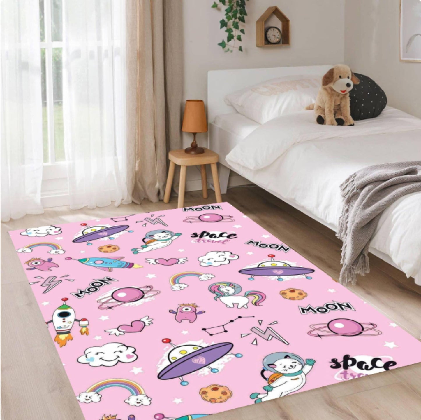 Pink Space Unicorn Nursery Rug Washable Non-Slip