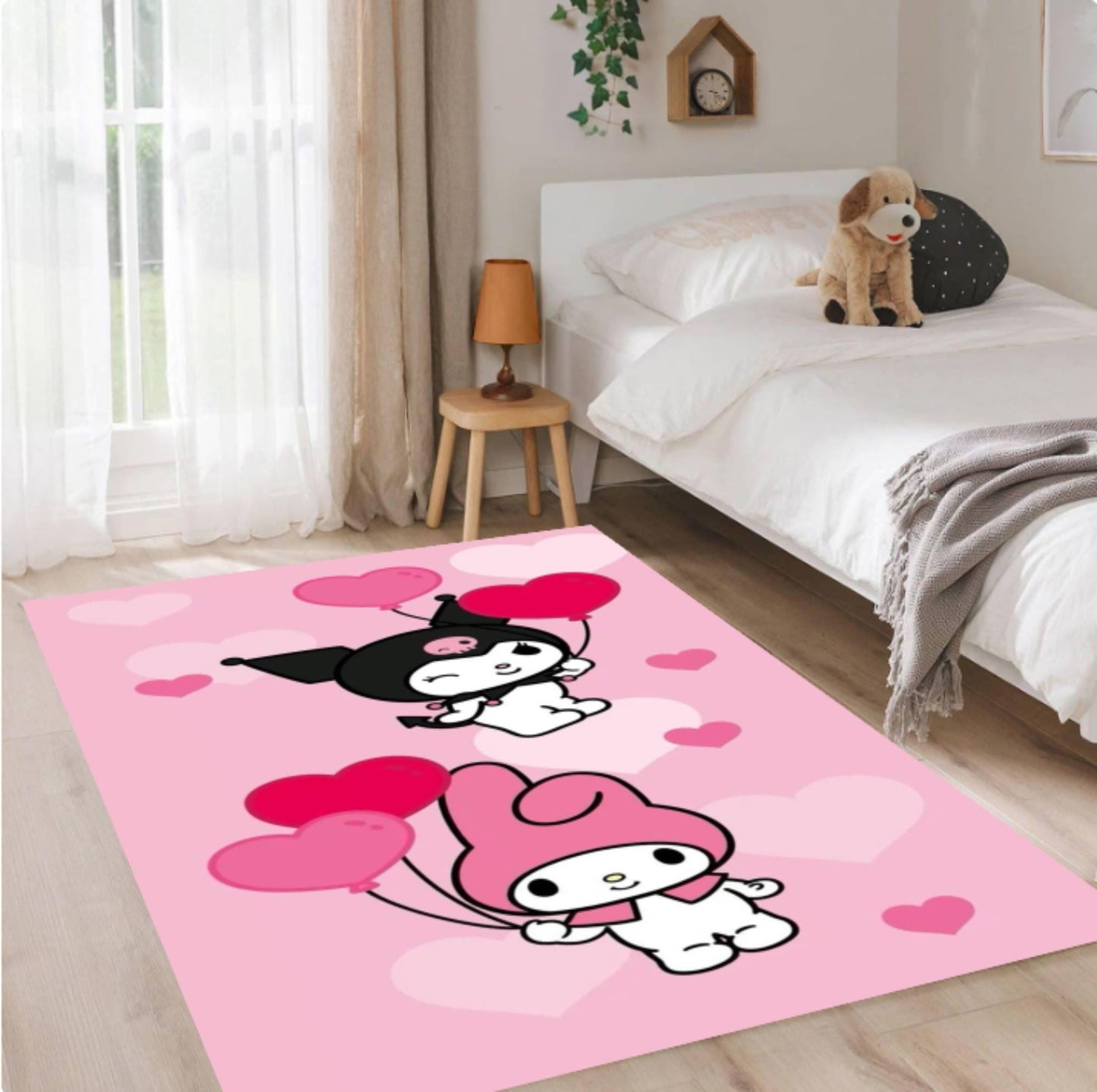 Pink Cartoon Rug, Heart Balloon Bunny Design, Kids Nursery Decor