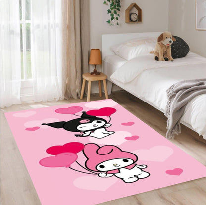 Pink Cartoon Rug, Heart Balloon Bunny Design, Kids Nursery Decor