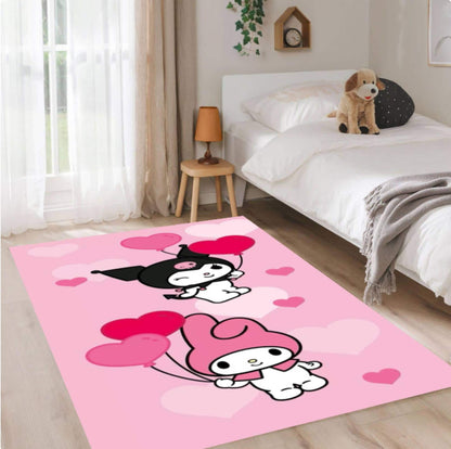 Pink Cartoon Heart Balloon Rabbit Design Nursery Rug