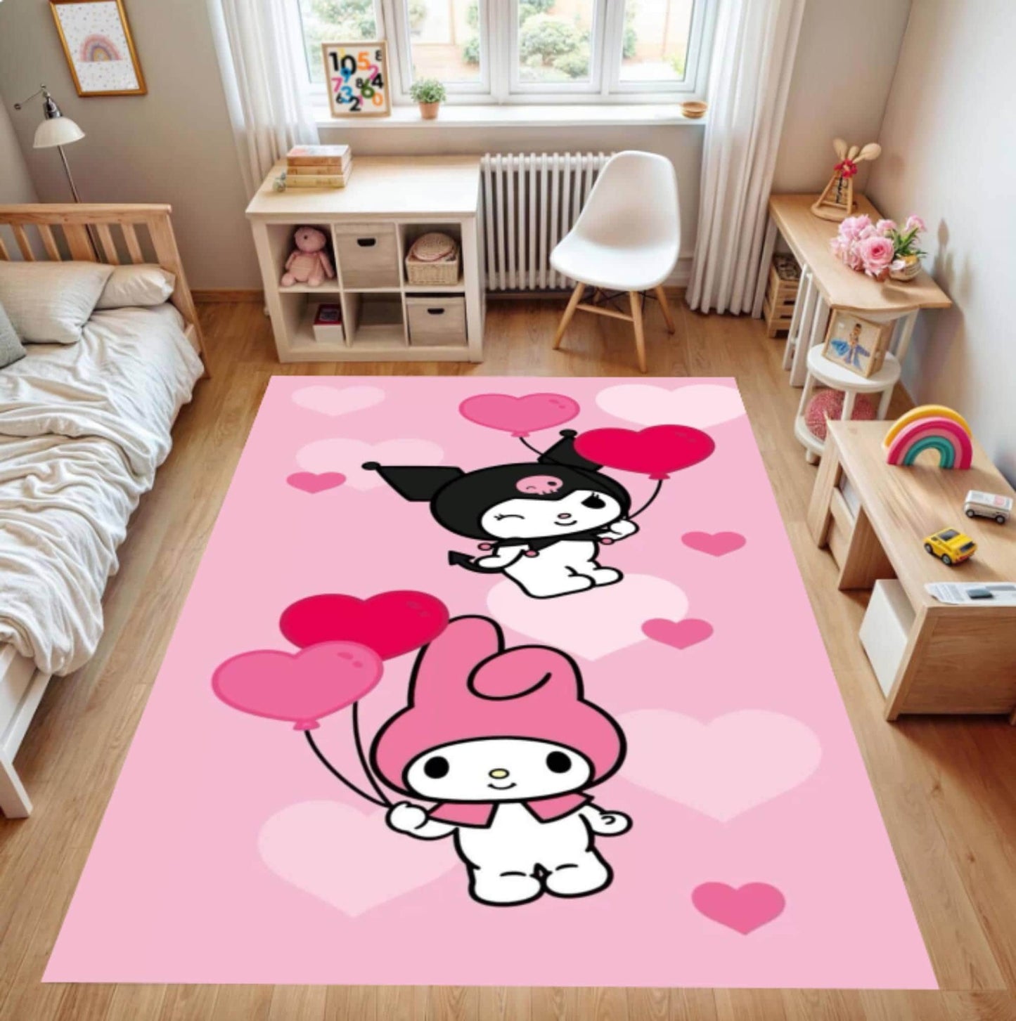 Pink Cartoon Heart Balloon Rabbit Design Nursery Rug