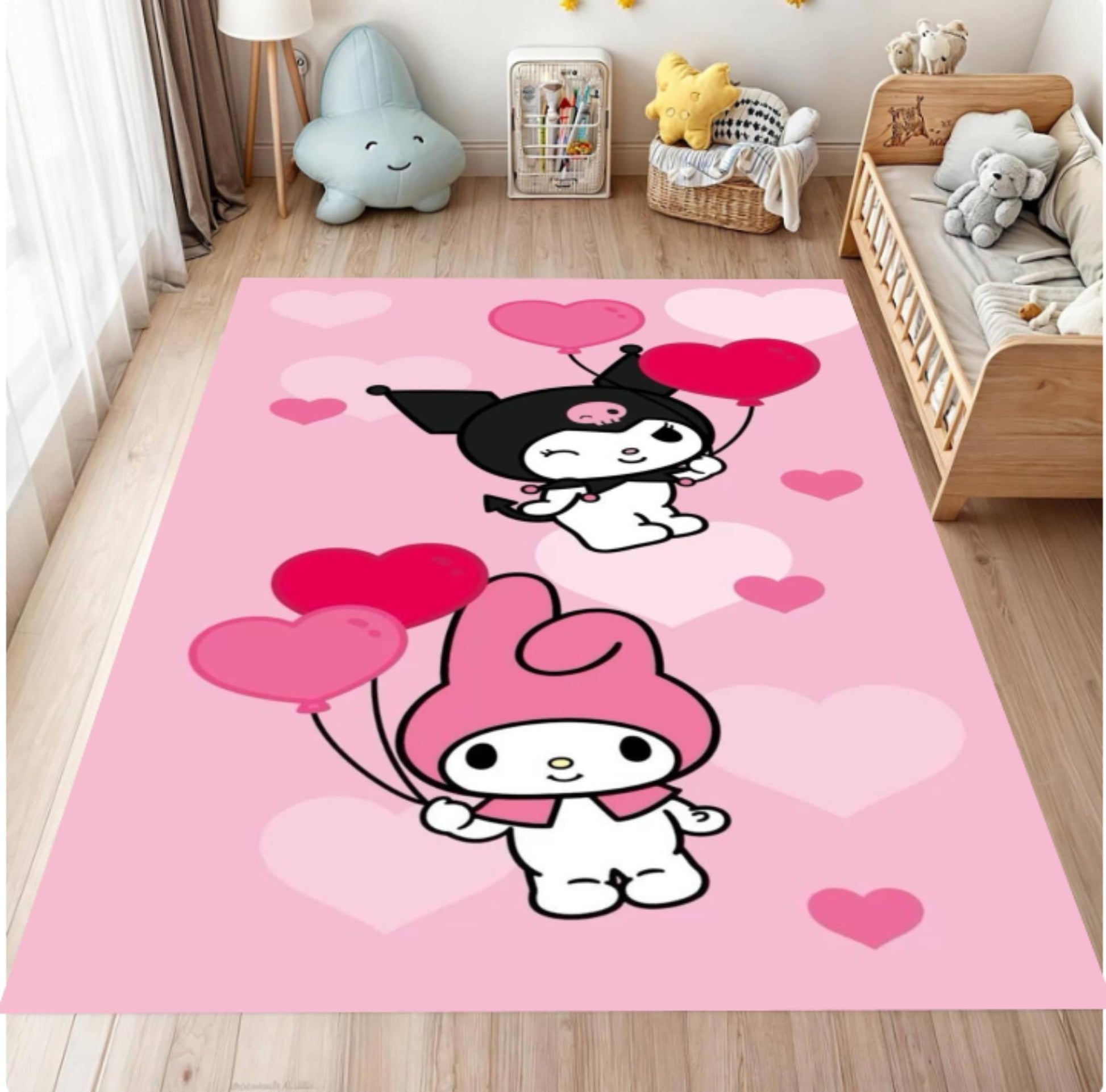 Pink rug with cartoon characters and hearts in a child's room