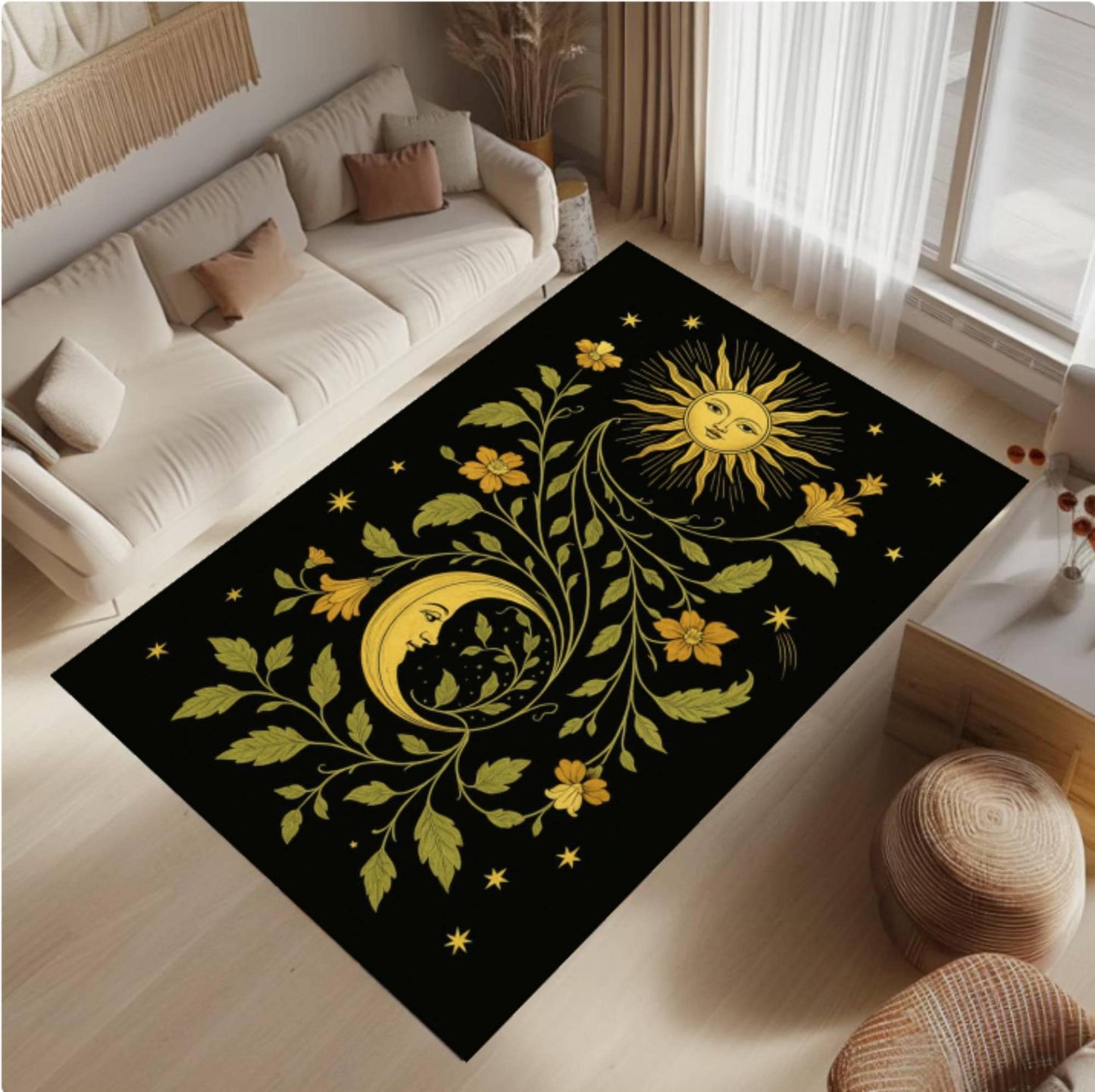 Celestial Sun & Moon Area Rug – Floral Gothic Astrology