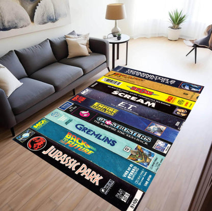 Retro VHS Movie Area Rug, 80s 90s Film Collection Carpet, Cinema Decor