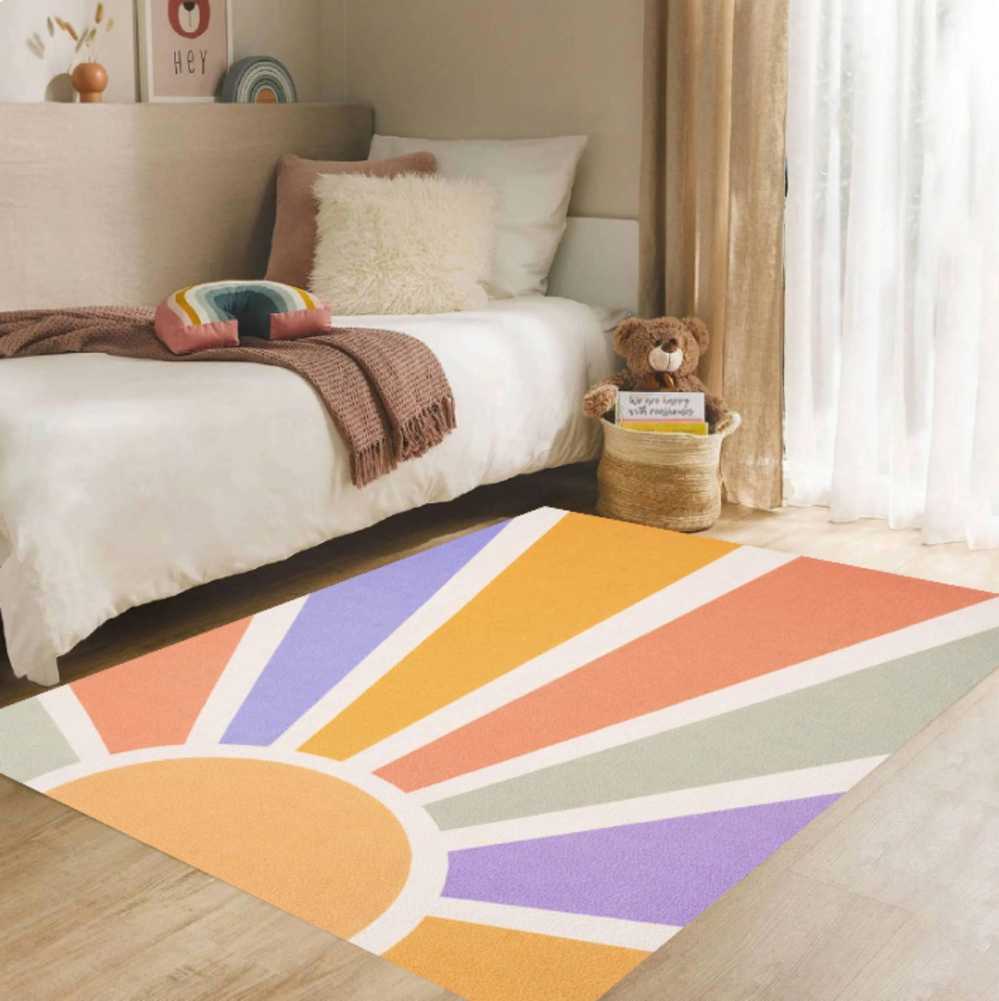 Retro Sunburst Kids Rug Pastel Rainbow