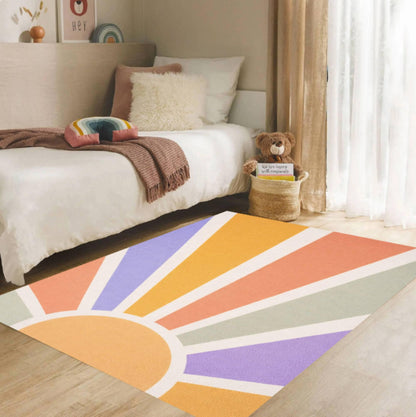 Retro Sunburst Kids Rug Pastel Rainbow