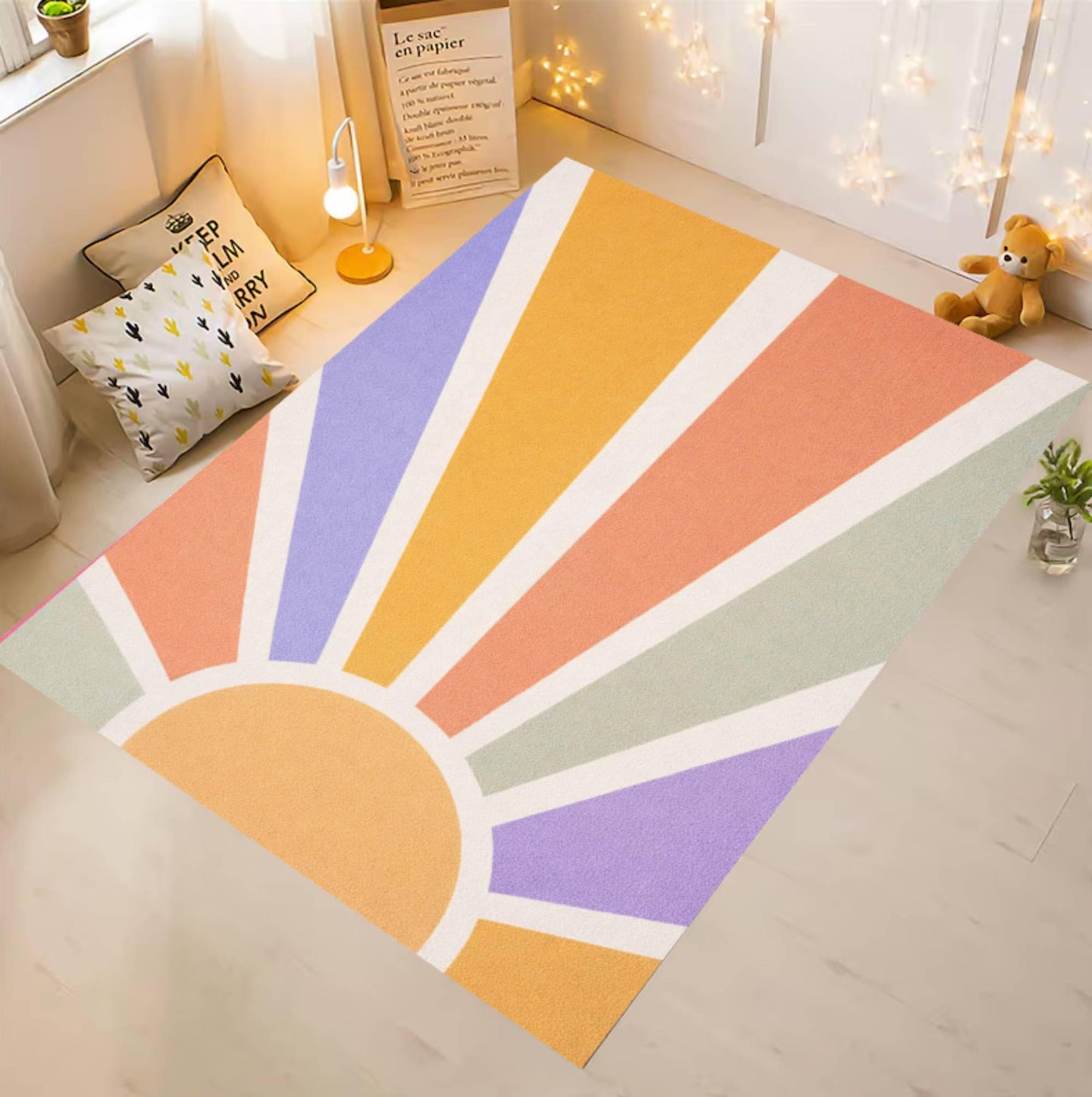 Retro Sunburst Kids Rug Pastel Rainbow