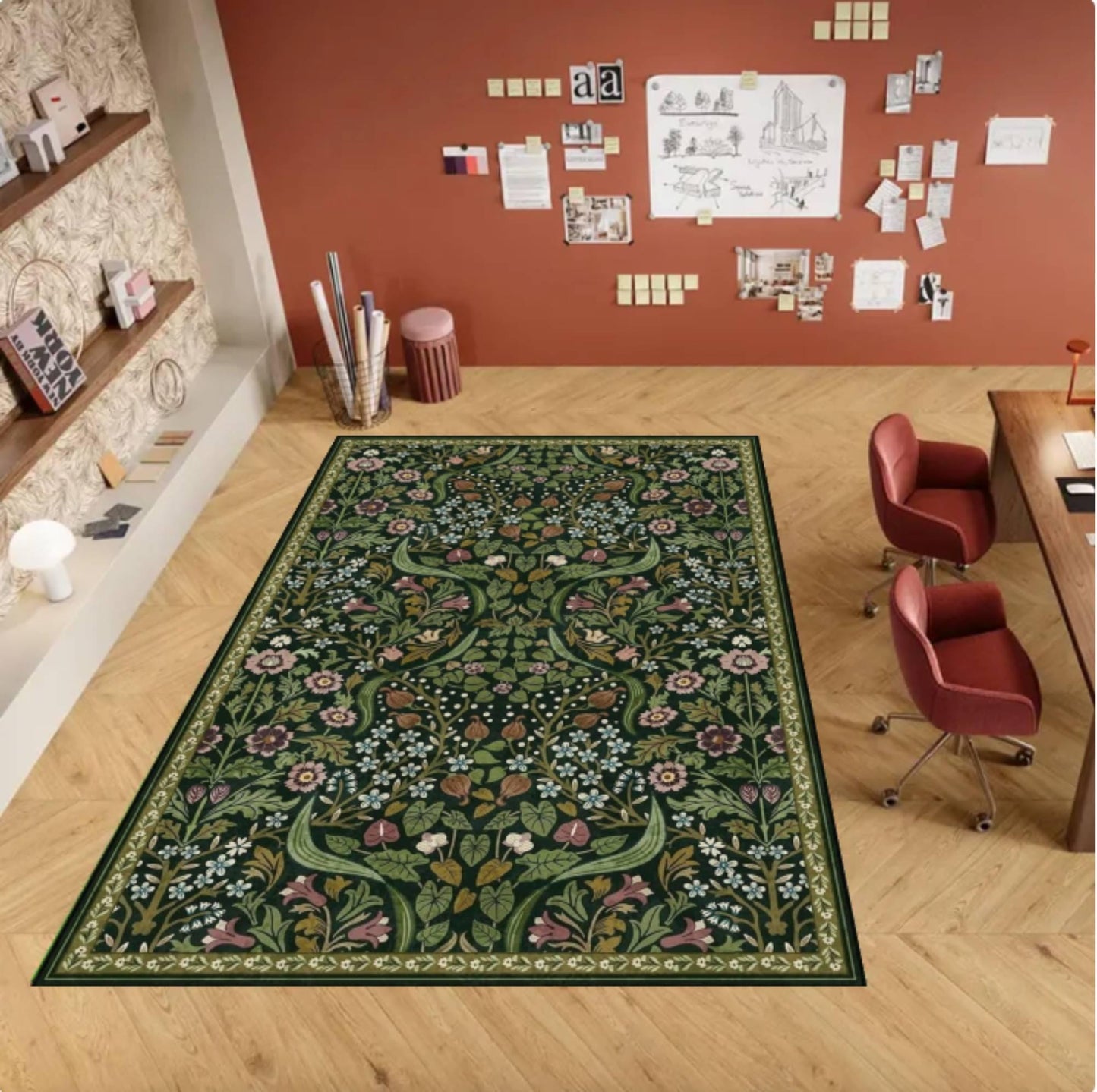 Dark Green William Morris Style Area Rug –Washable Non-Slip