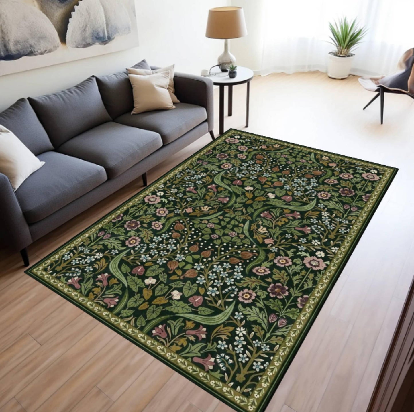 Dark Green William Morris Style Area Rug –Washable Non-Slip