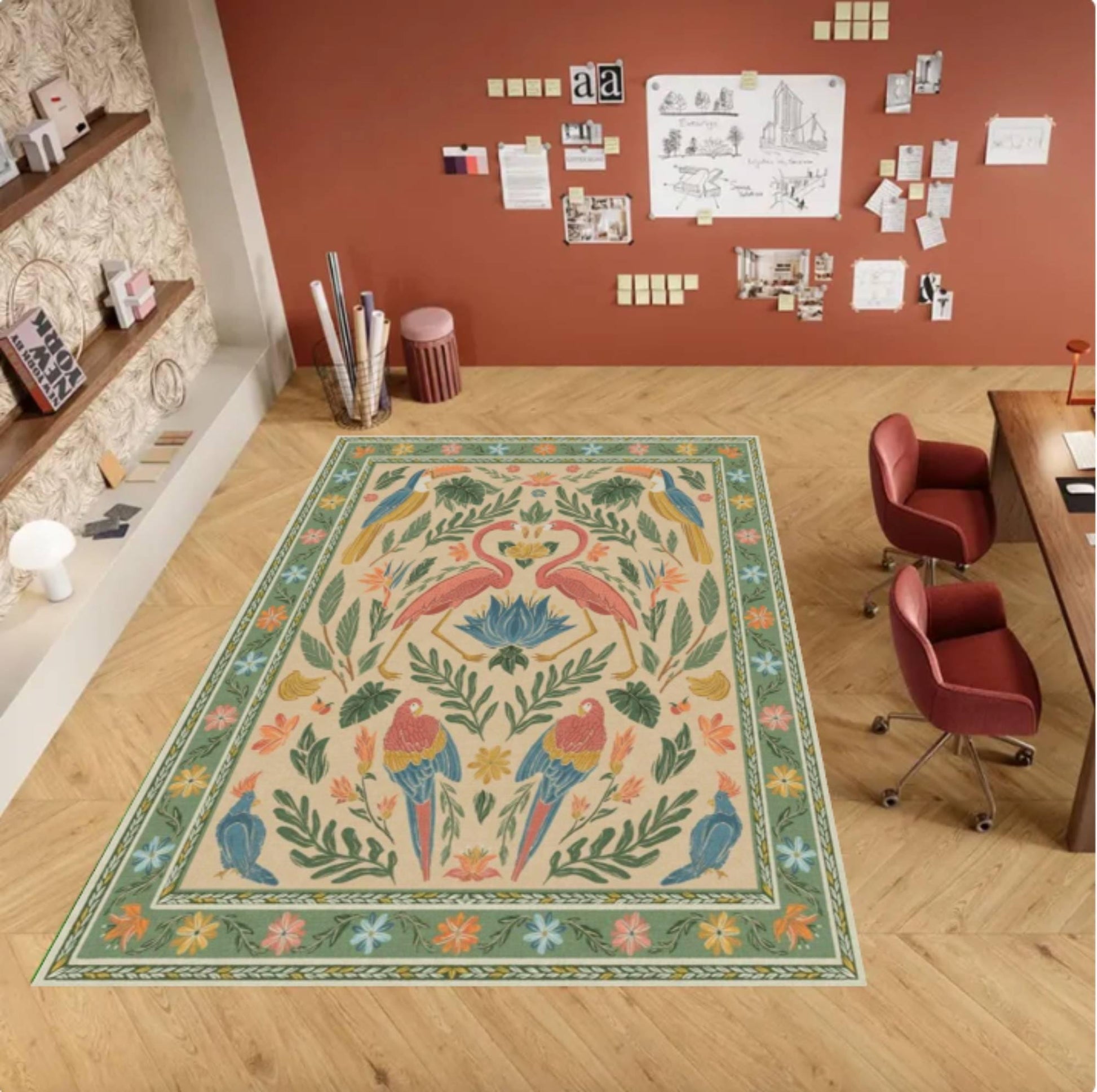 Tropical Flamingo Area Rug, Vintage Botanical Bird Carpet, Boho Jungle Decor (Washable)
