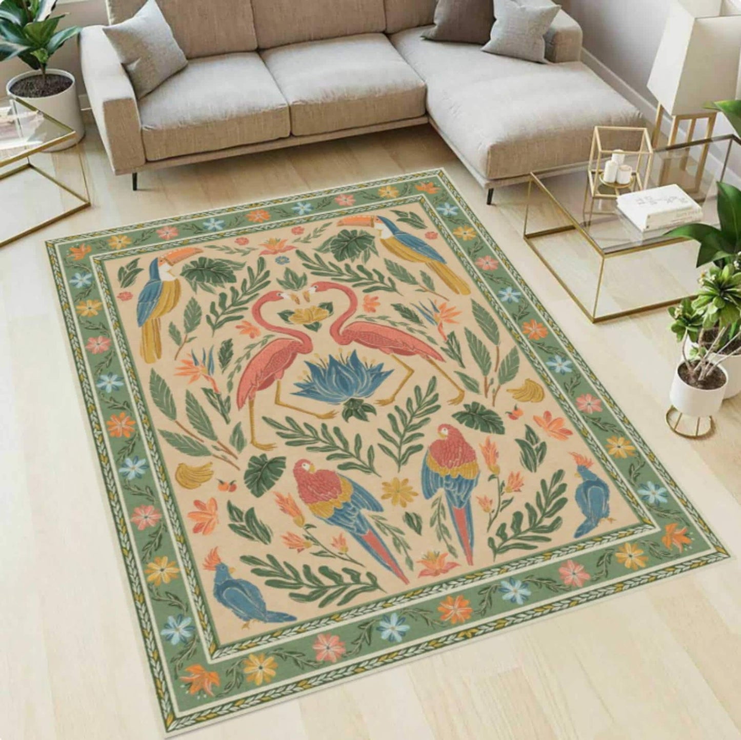 Tropical Flamingo Area Rug, Vintage Botanical Bird Carpet, Boho Jungle Decor (Washable)
