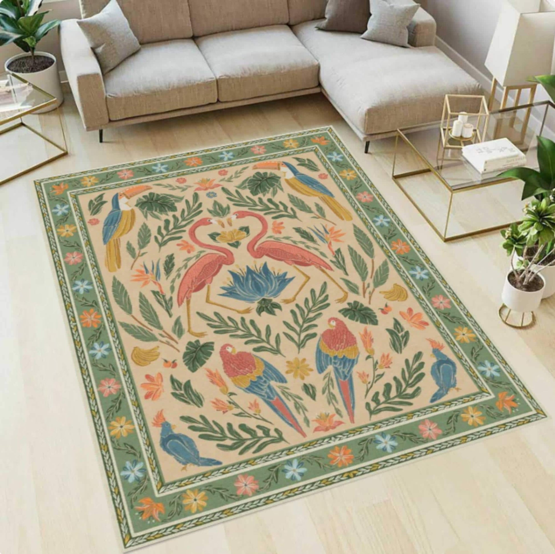 Tropical Flamingo Area Rug, Vintage Botanical Bird Carpet, Boho Jungle Decor (Washable)