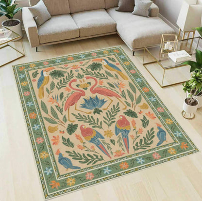 Tropical Flamingo Area Rug, Vintage Botanical Bird Carpet, Boho Jungle Decor (Washable)