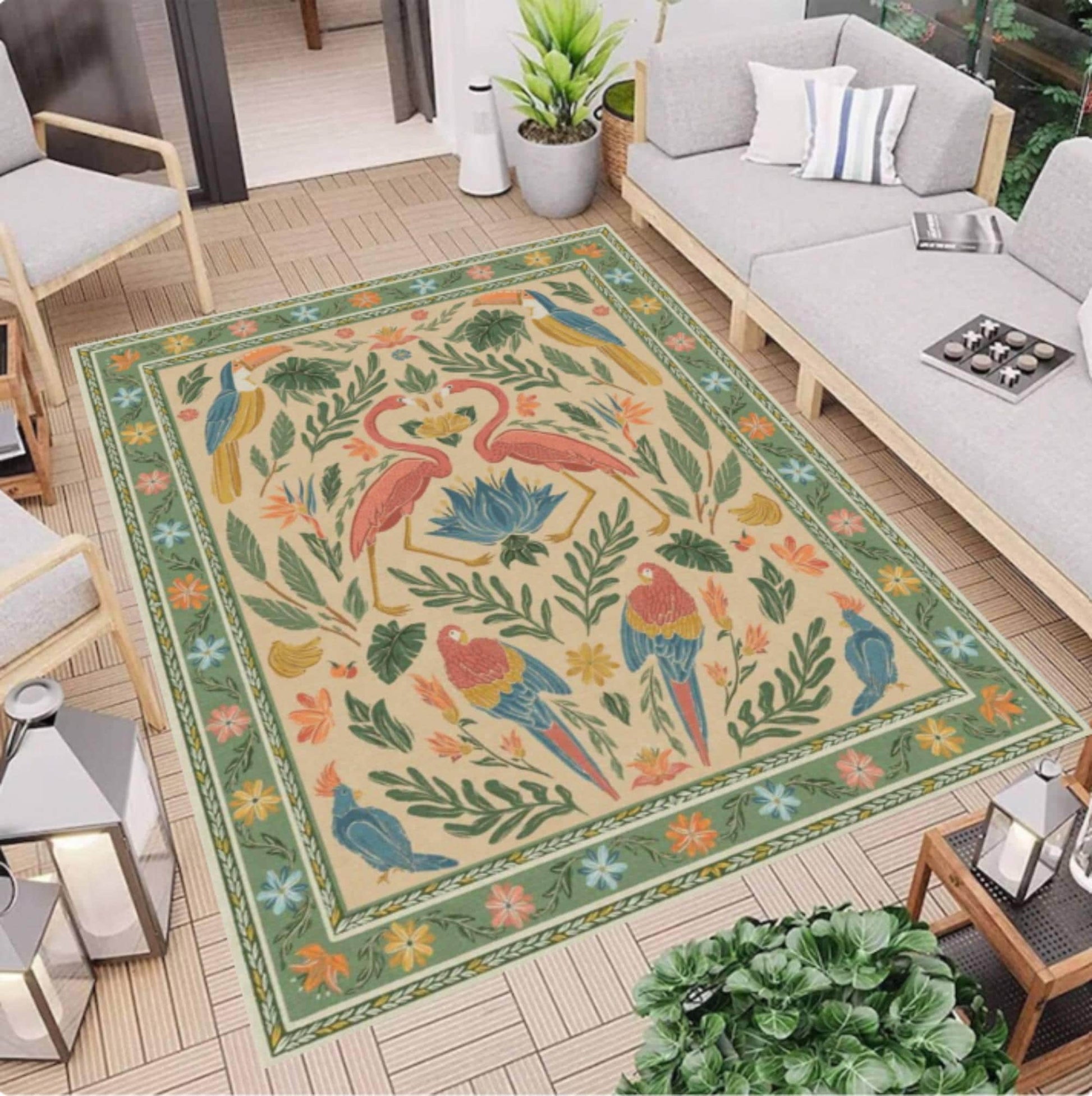 Tropical Flamingo Area Rug, Vintage Botanical Bird Carpet, Boho Jungle Decor (Washable)