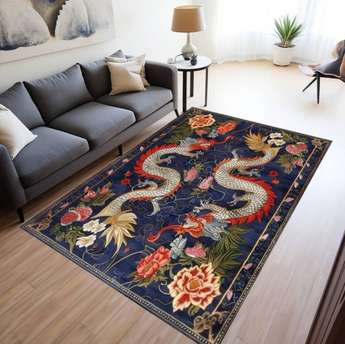 Navy Blue Dragon Oriental Area Rug