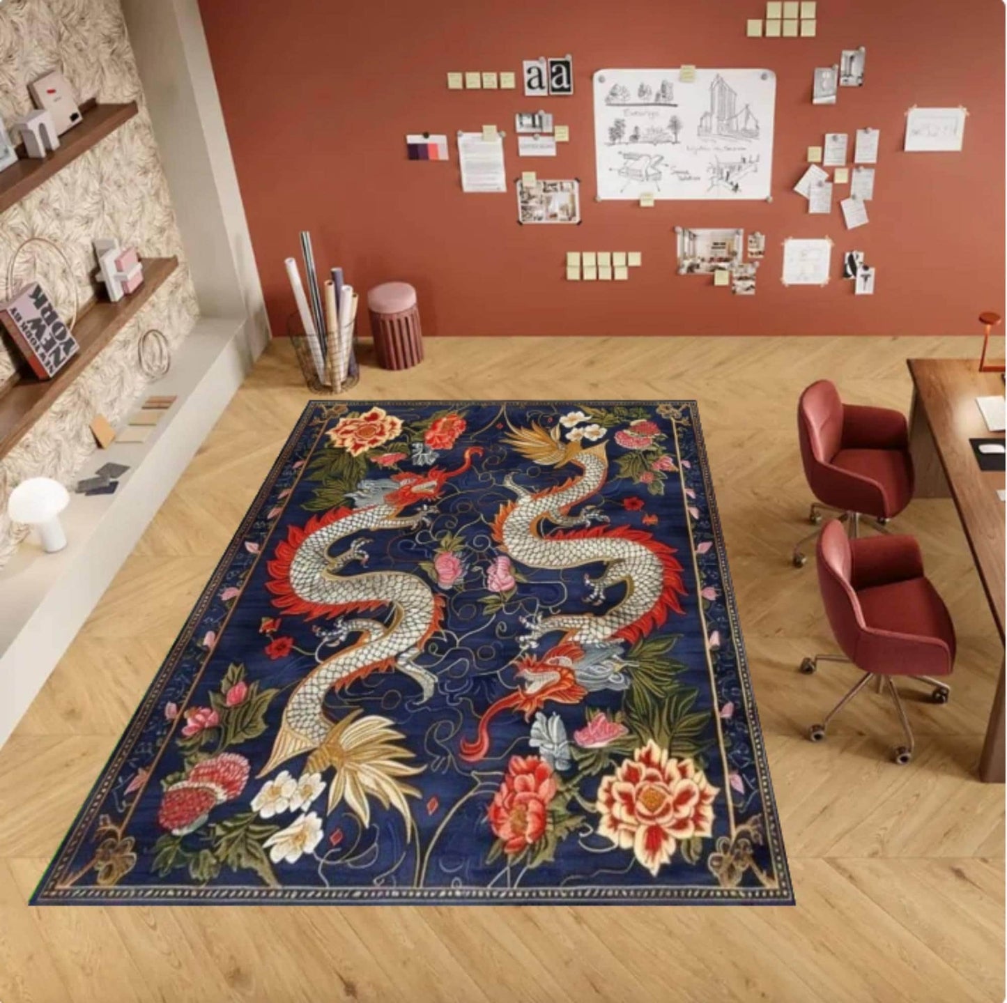 Navy Blue Dragon Oriental Area Rug
