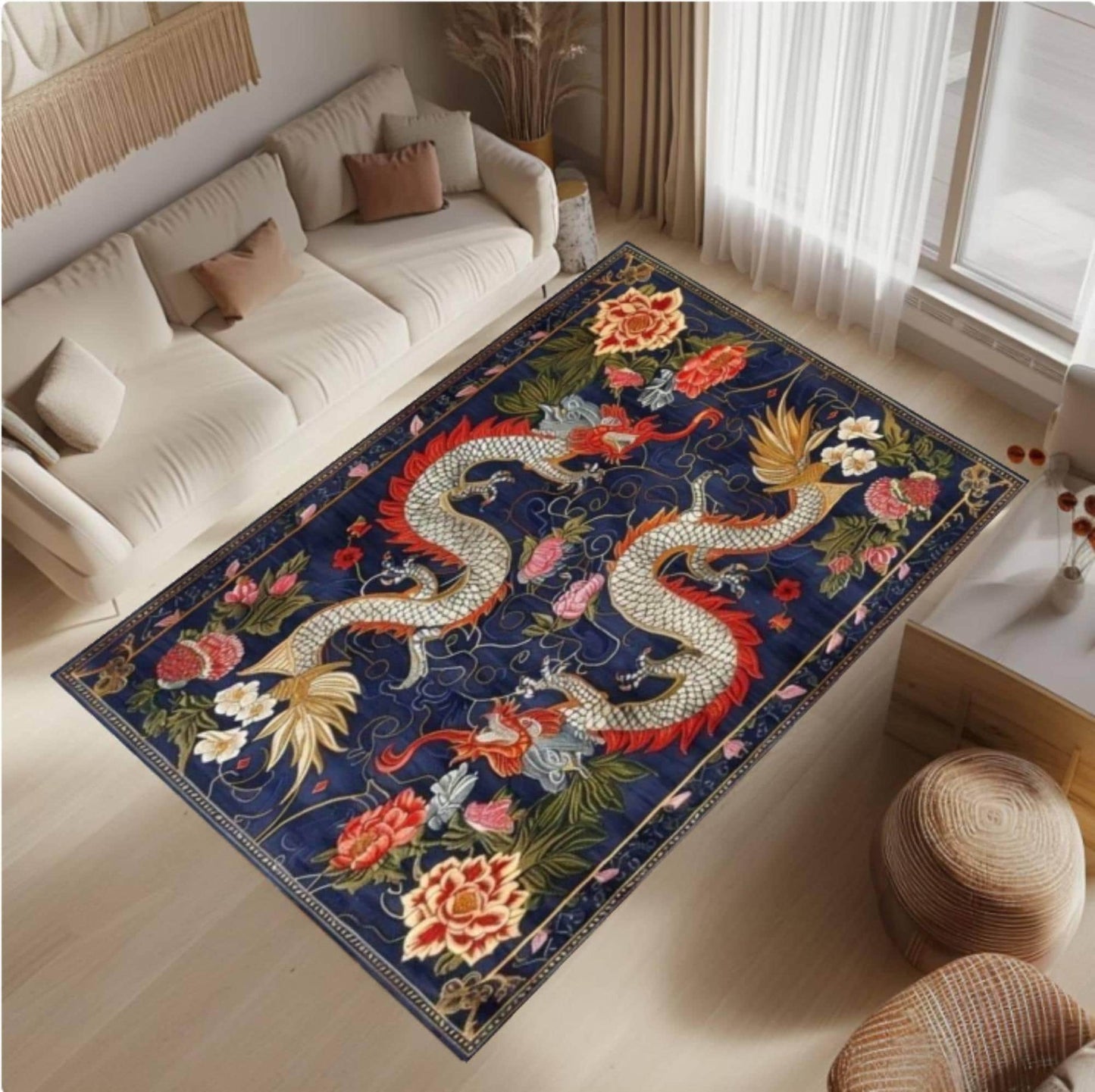Navy Blue Dragon Oriental Area Rug