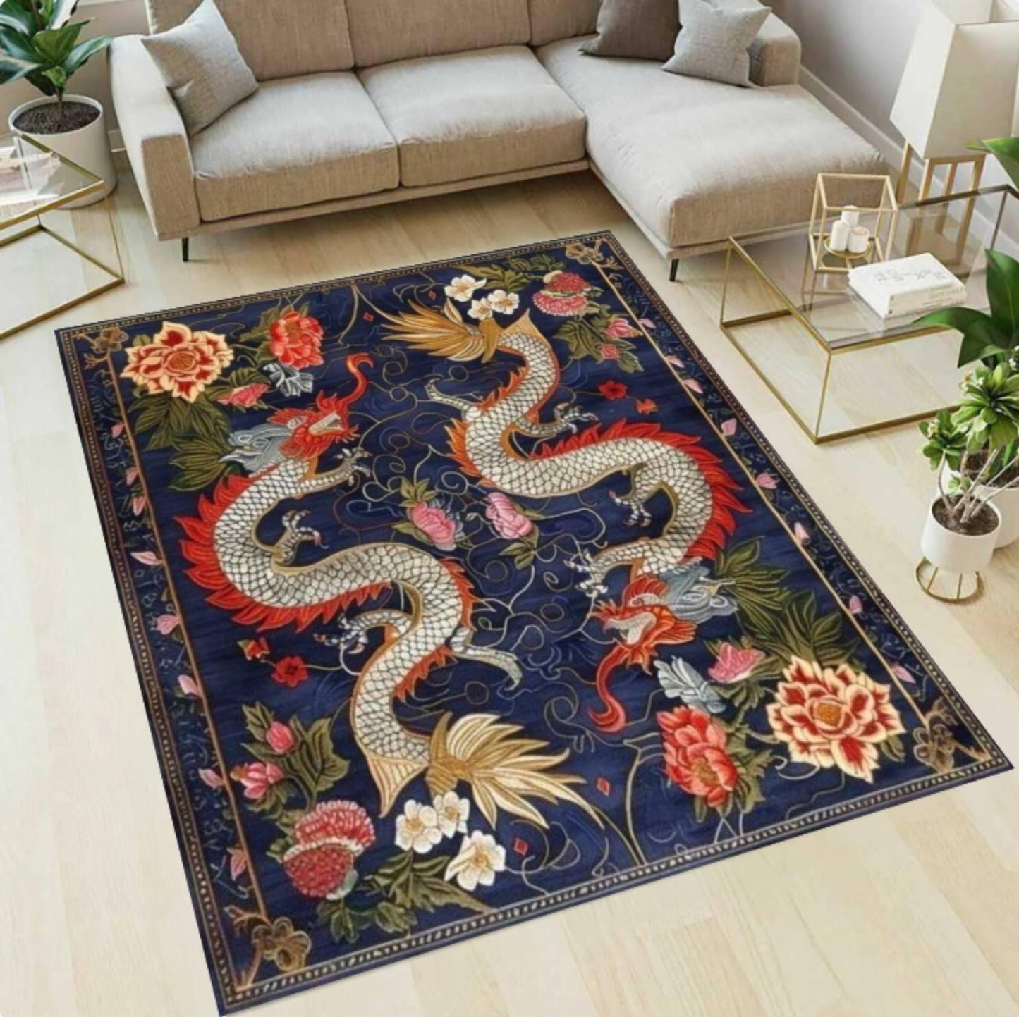 Oriental Dragon Area Rug, Vintage Floral Asian Inspired Carpet, Navy Blue Living Room Decor