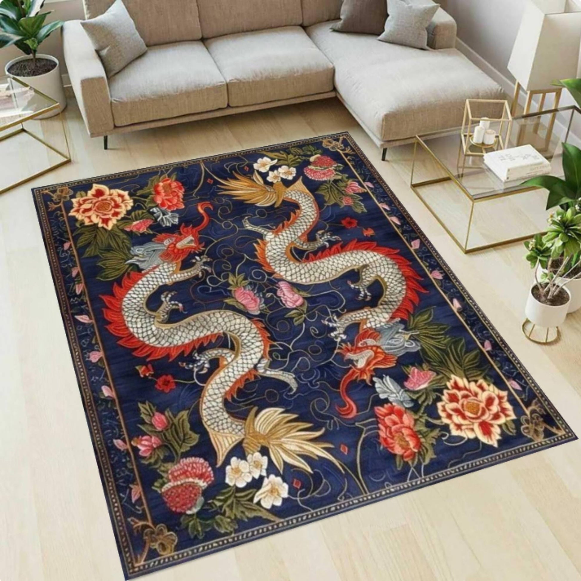 Oriental Dragon Area Rug, Vintage Floral Asian Inspired Carpet, Navy Blue Living Room Decor