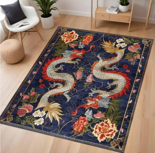 Decorative rug with dragon design on a wooden floor