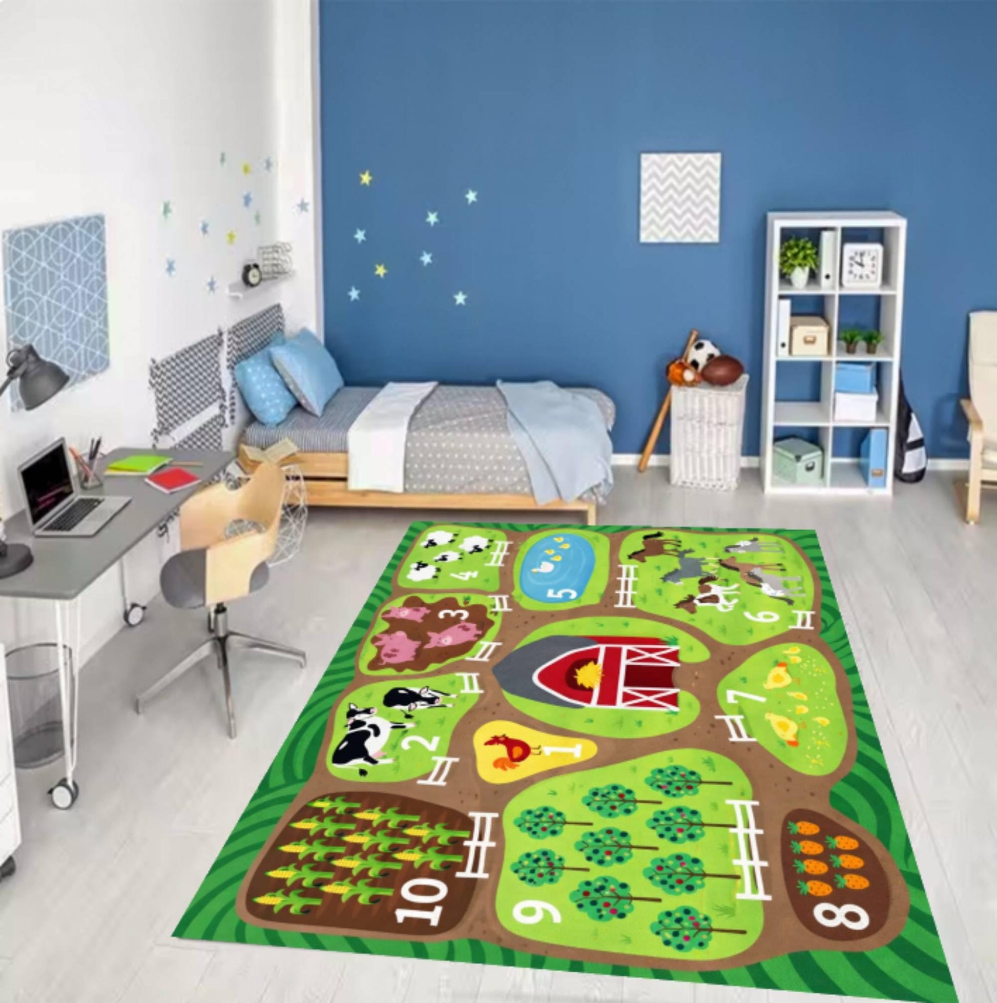 Farm Animals Educational Playroom Rug, Barn Nursery Carpet, Washable Toddler Mat