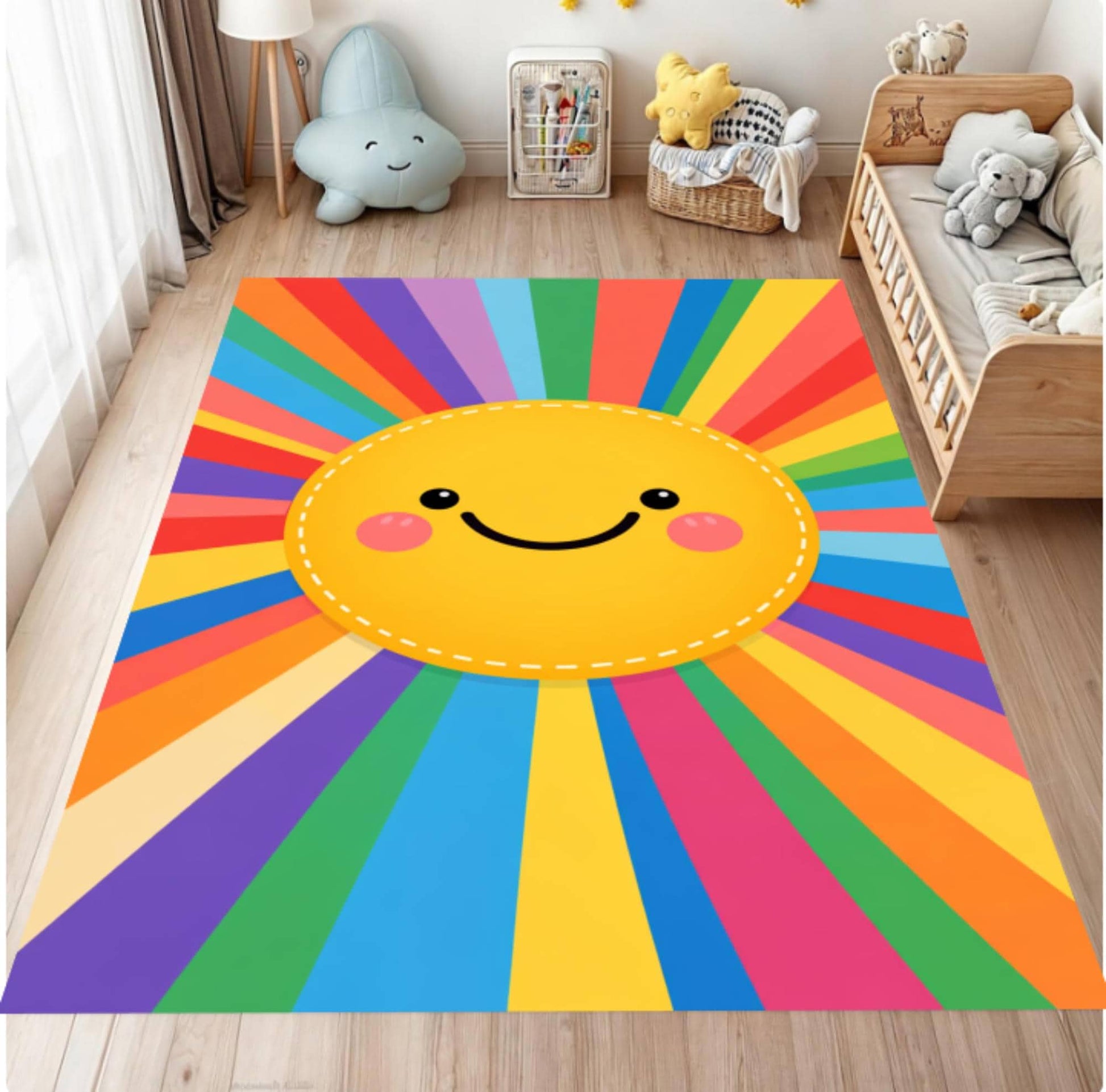 Colorful sun-shaped rug with rainbow rays in a child's room.