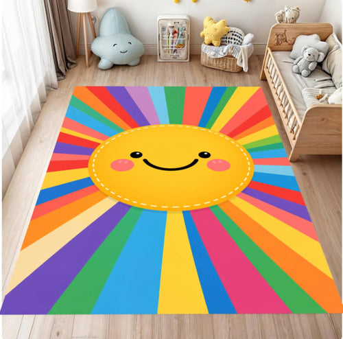 Colorful sun-shaped rug with rainbow rays in a child's room.