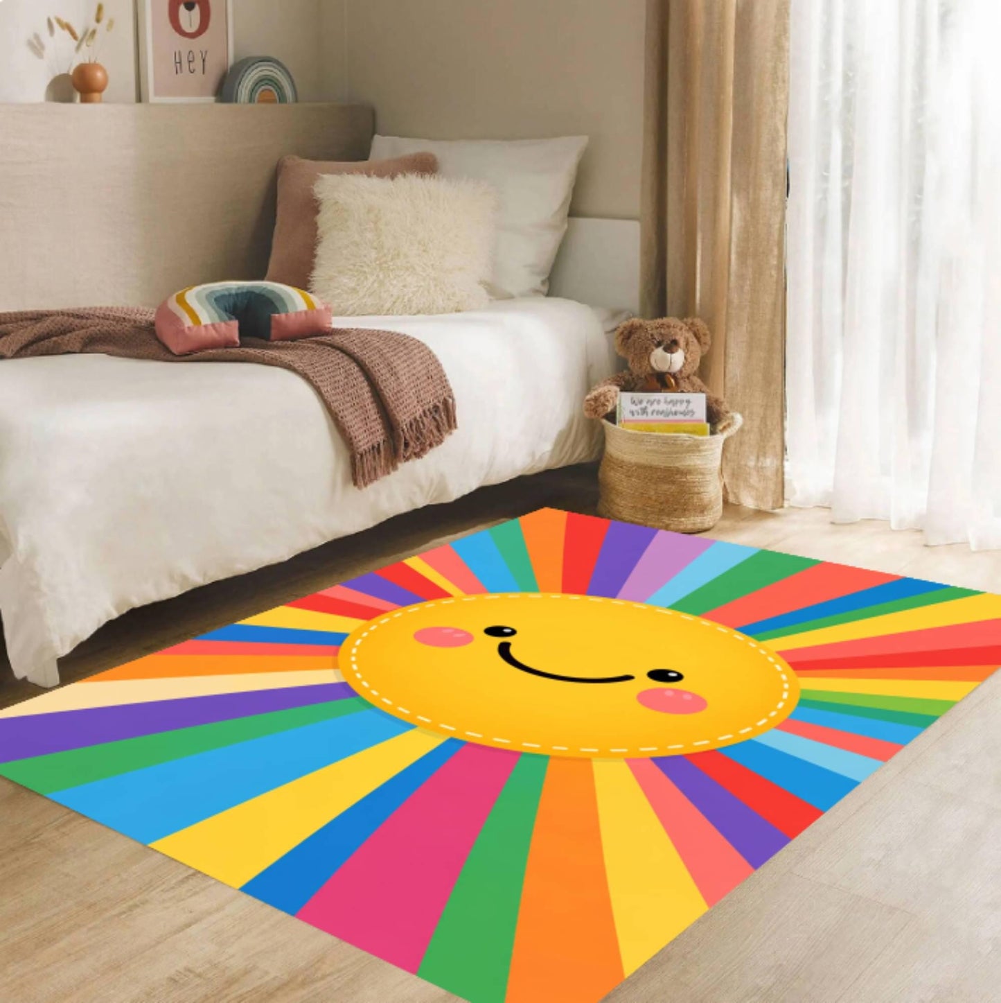 Rainbow Sun Washable Rug for Kids Room