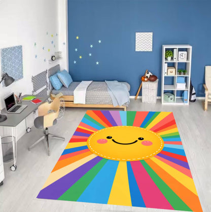 Rainbow Sun Washable Rug for Kids Room