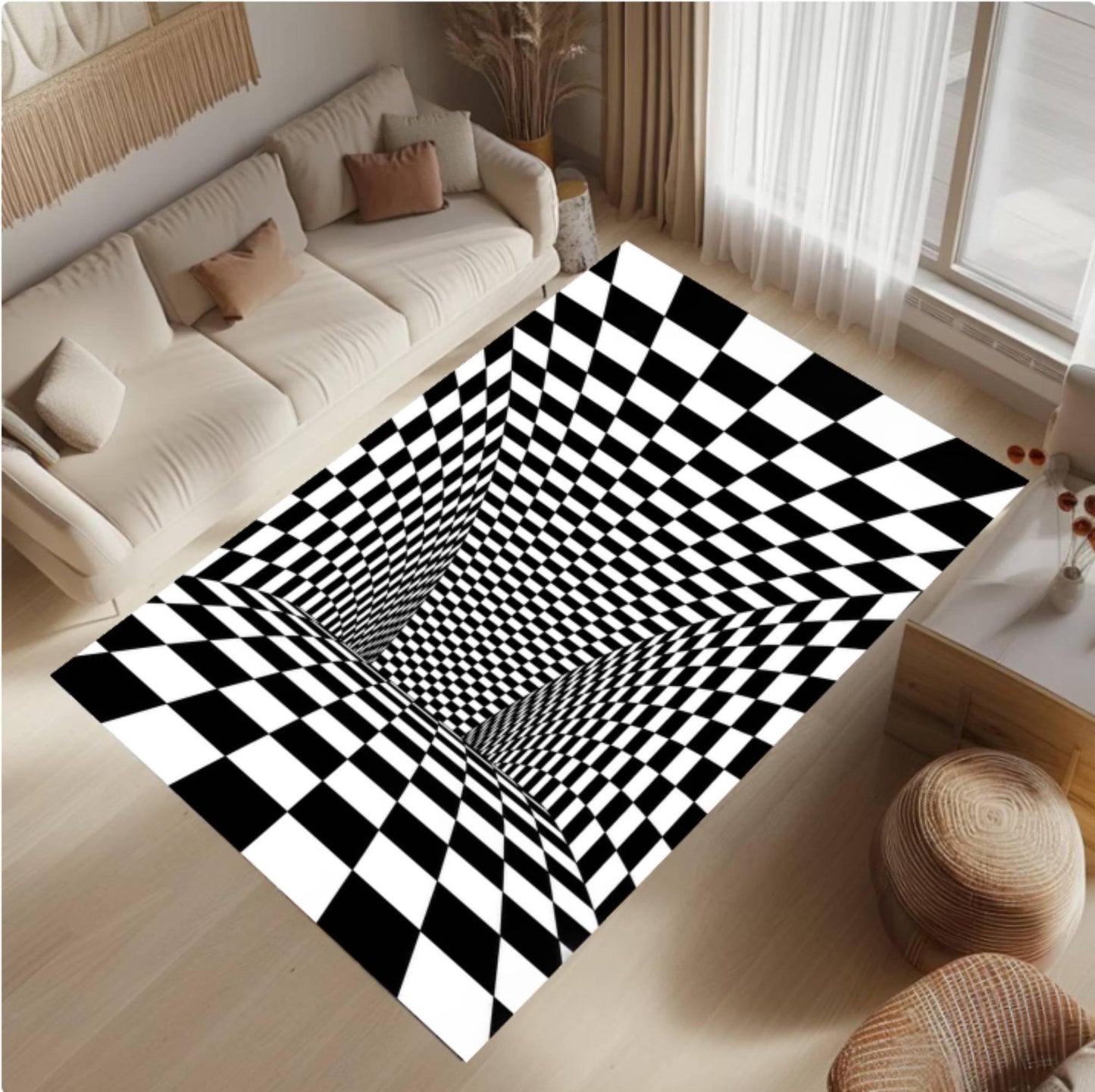 3D Optical Illusion Black and White Geometric Rug