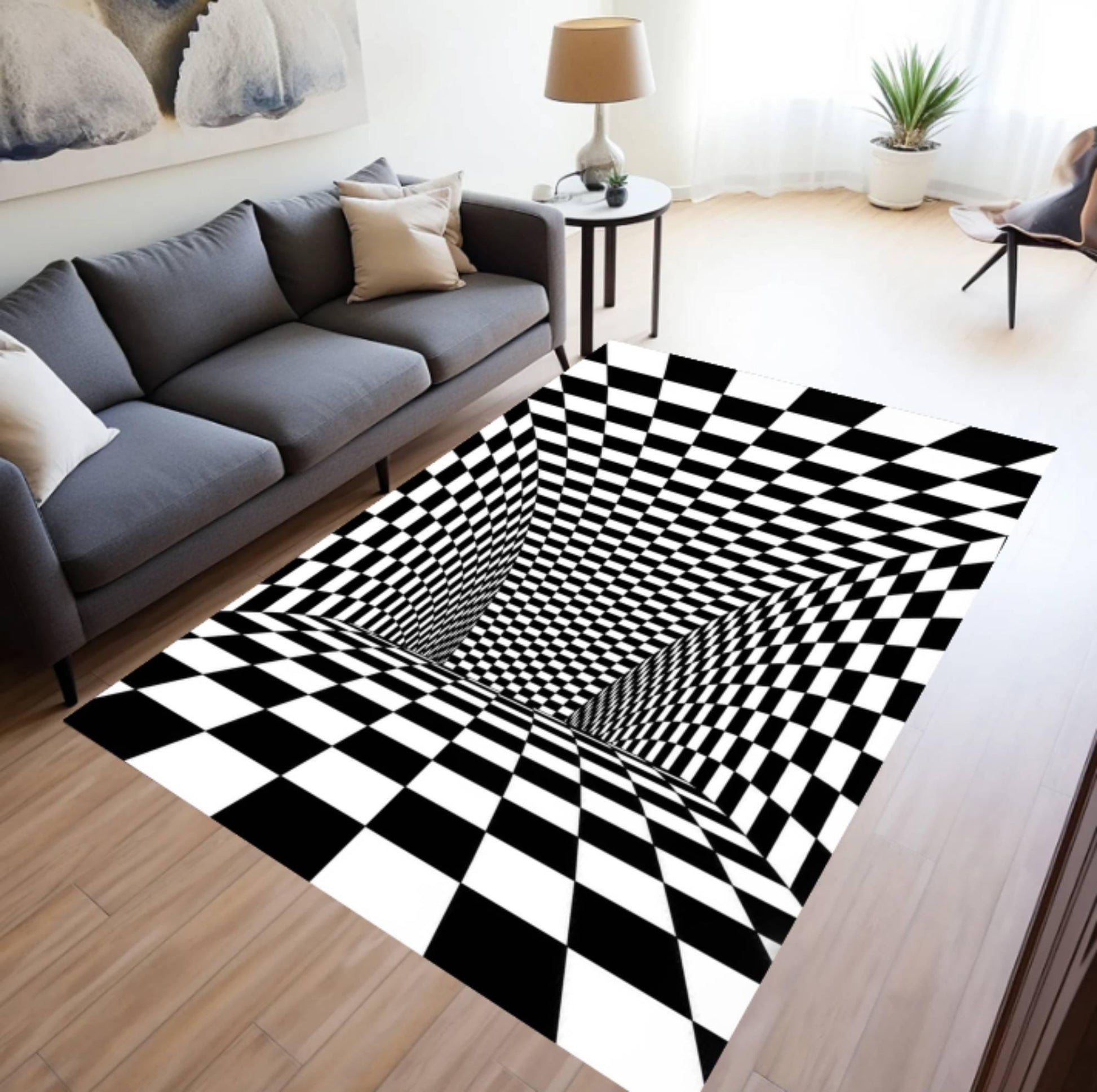 3D Checkered Optical Illusion Rug, Black White Geometric Carpet (Washable Non Slip)