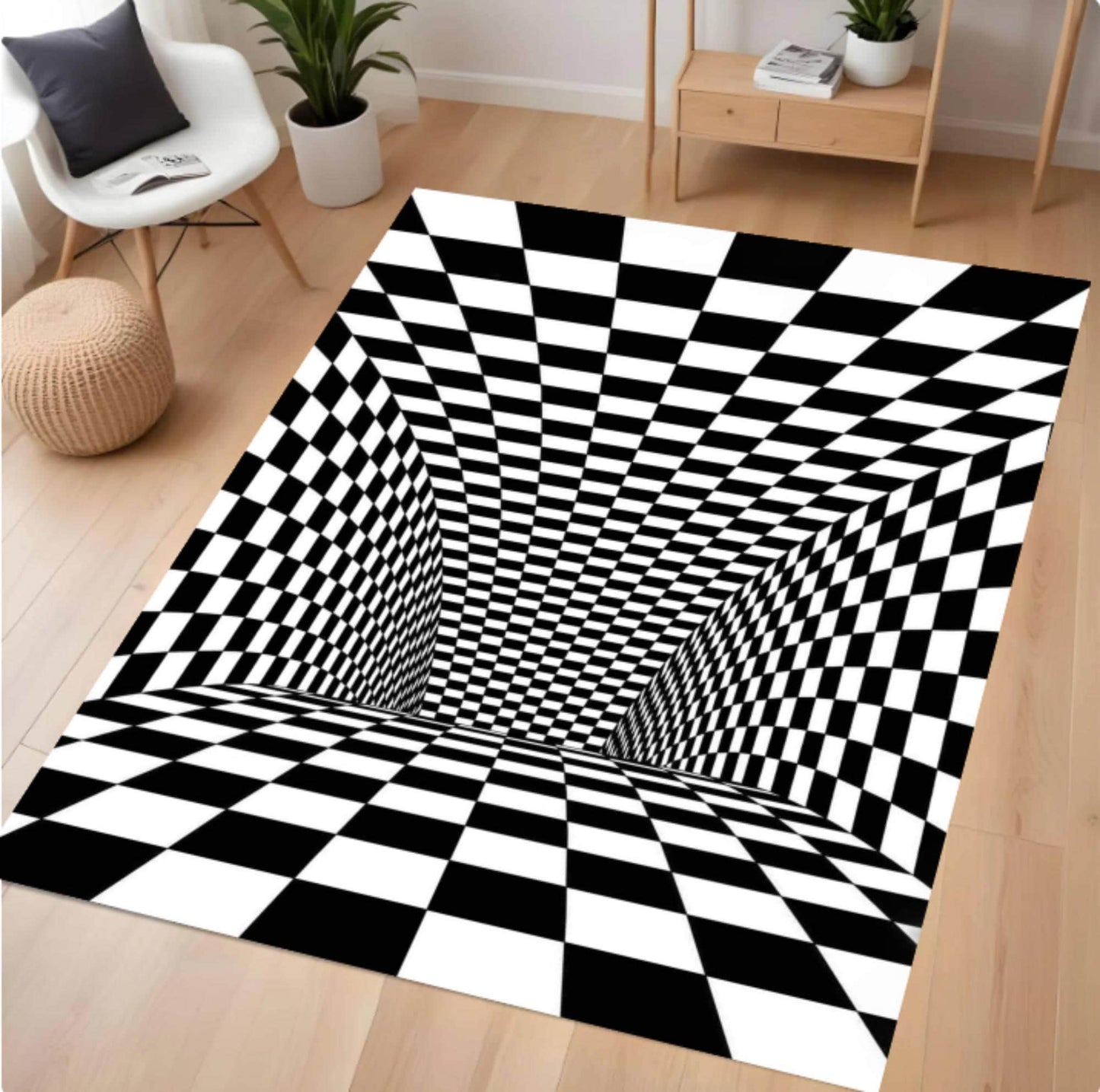 Black and white checkered rug on a wooden floor with minimal furniture.