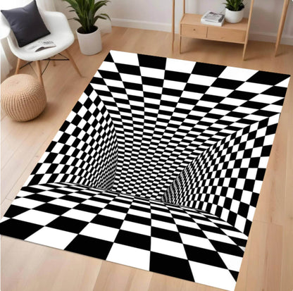 Black and white checkered rug on a wooden floor with minimal furniture.