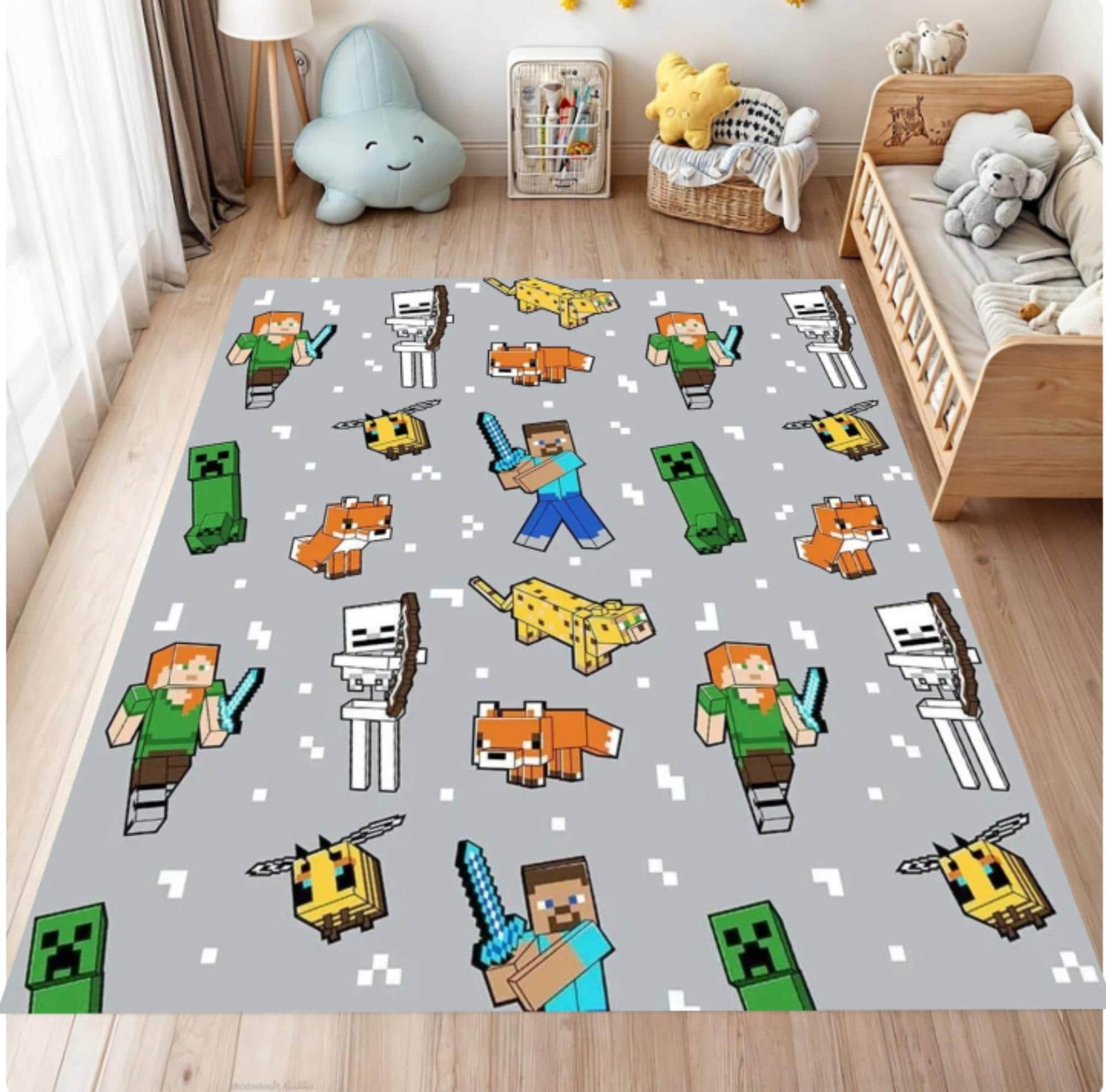 Children's room with a colorful rug featuring cartoon characters on a wooden floor.