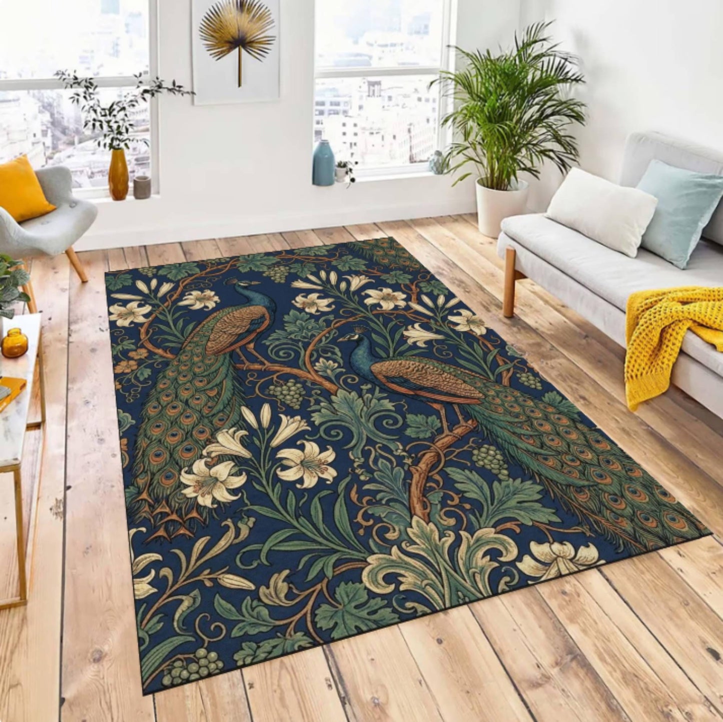 Peacock Floral Area Rug, Vintage Botanical Bird Carpet, Blue Green Decor (Washable)
