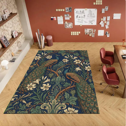 Peacock Floral Area Rug, Vintage Botanical Bird Carpet, Blue Green Decor (Washable)