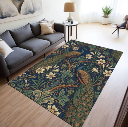 Peacock Floral Area Rug, Vintage Botanical Bird Carpet, Blue Green Decor (Washable)