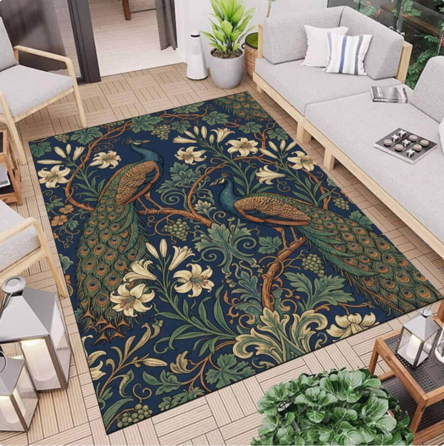 Peacock Floral Area Rug, Vintage Botanical Bird Carpet, Blue Green Decor (Washable)