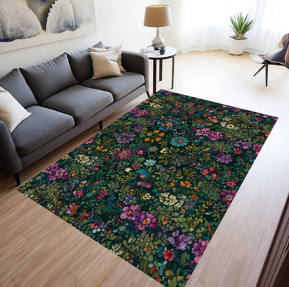 Dark Floral Area Rug, Moody Botanical Garden Carpet, Cottagecore Decor, Washable Non Slip Mat