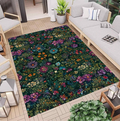 Dark Floral Area Rug, Moody Botanical Garden Carpet, Cottagecore Decor, Washable Non Slip Mat