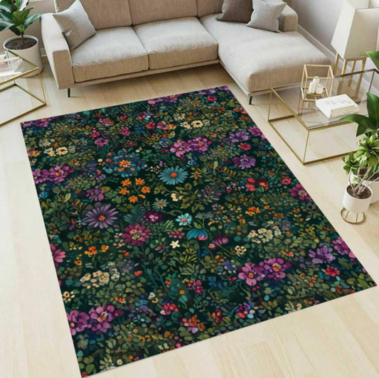 Dark Floral Area Rug, Moody Botanical Garden Carpet, Cottagecore Decor, Washable Non Slip Mat