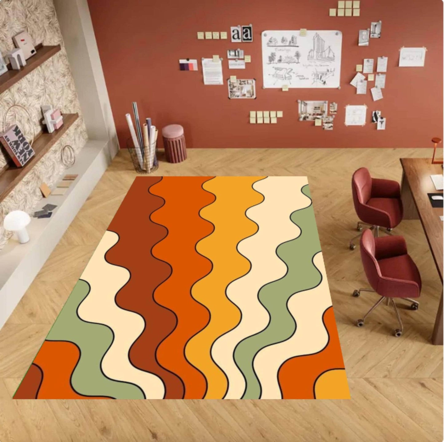 Retro Mid-Century Modern Wavy Area Rug – Abstract Wave Washable Non-Slip