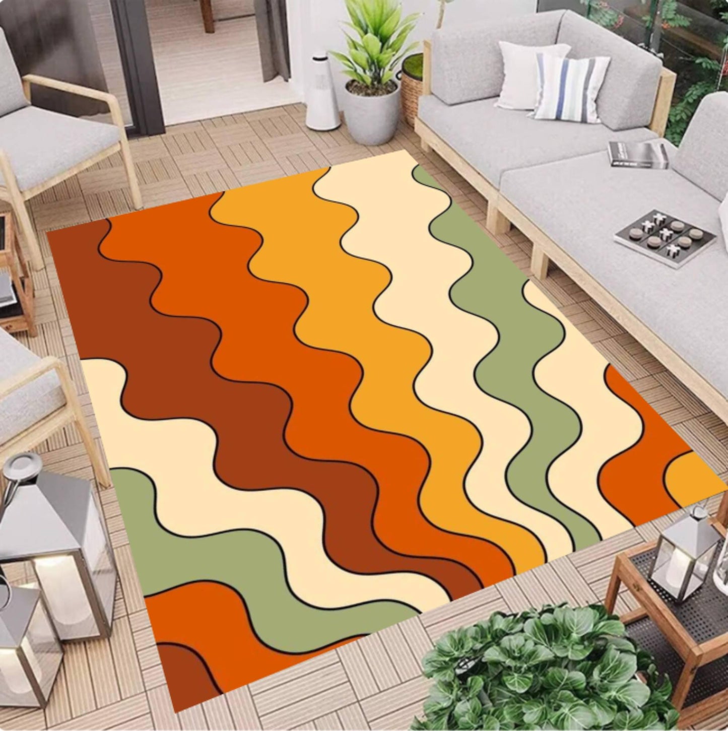 Retro Mid-Century Modern Wavy Area Rug – Abstract Wave Washable Non-Slip
