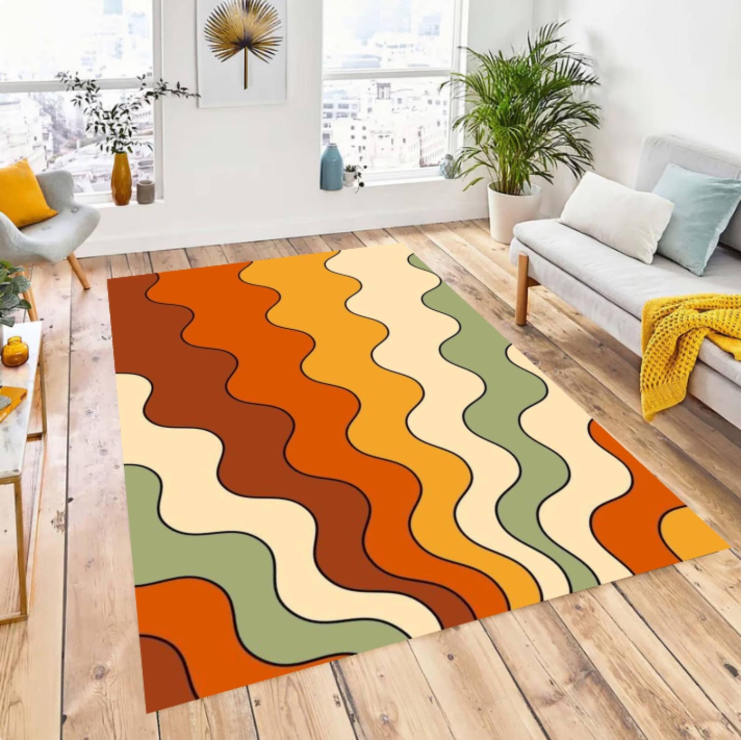 Retro Mid-Century Modern Wavy Area Rug – Abstract Wave Washable Non-Slip