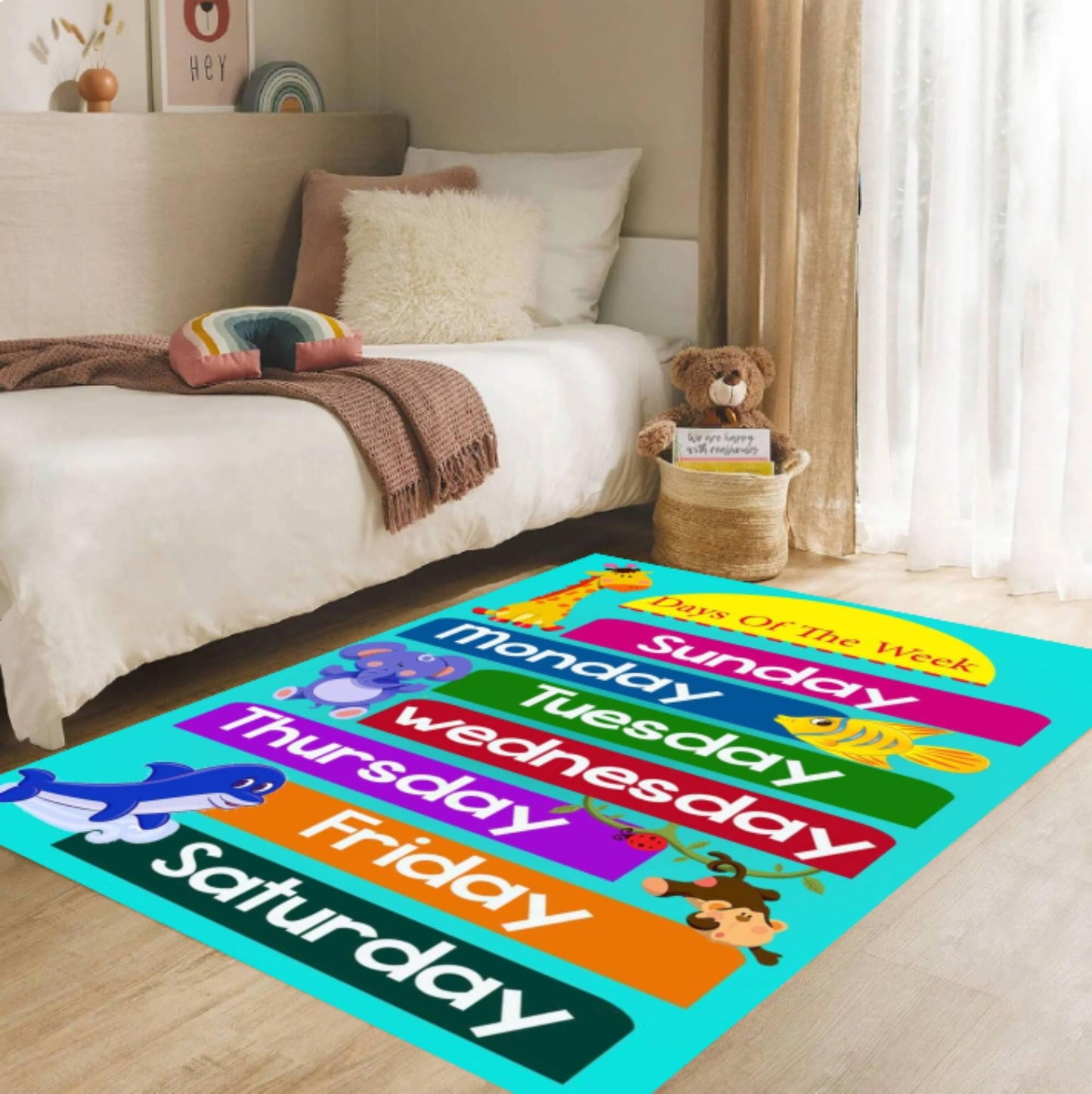 Days of the Week Learning Rug, Kids Educational Playroom Carpet, Washable Non Slip Mat