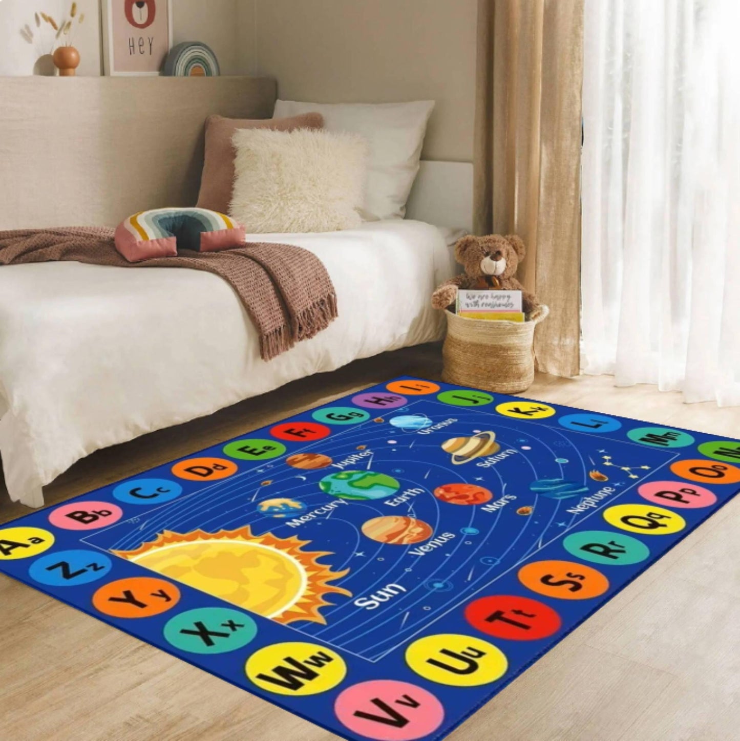 Solar System Alphabet Rug, Educational Space Carpet, Washable Playroom Decor