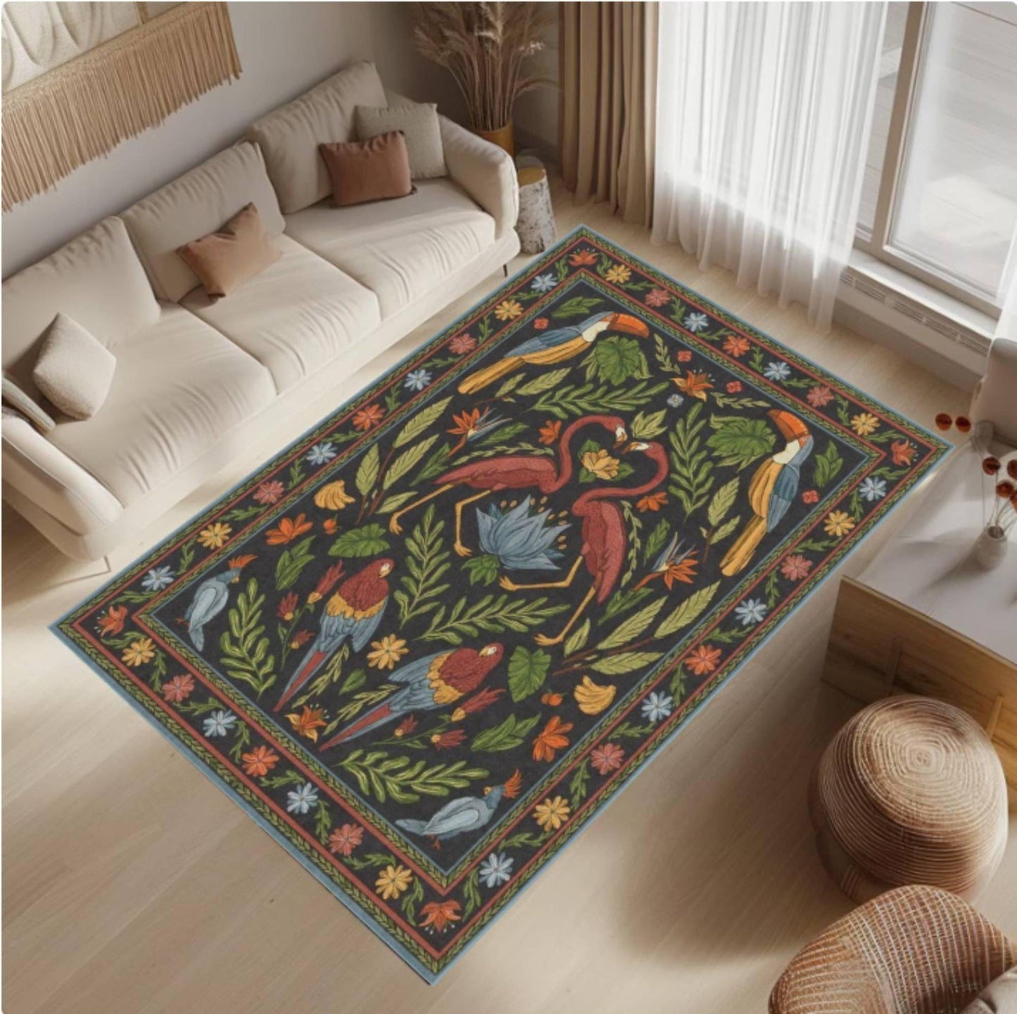 Tropical Vintage Floral Area Rug – Jungle Bird & Botanical Washable Non-Slip