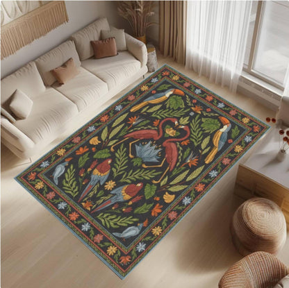 Tropical Vintage Floral Area Rug – Jungle Bird & Botanical Washable Non-Slip